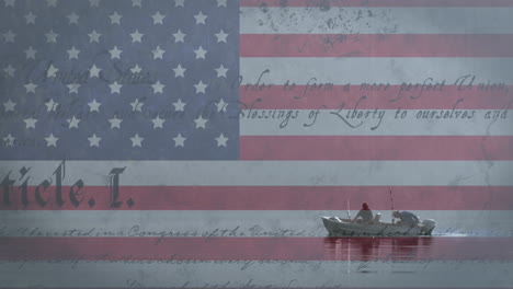 Animation-Der-Amerikanischen-Flagge-Und-Verfassung-über-Einem-Mann-Im-Fischerboot
