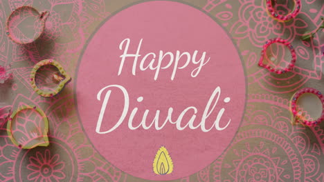Animation-of-happy-diwali-text-over-candles-with-pattern-on-purple-background