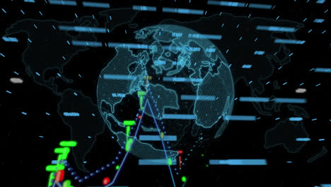 Animation-Von-Finanzen-über-Einem-Sich-Drehenden-Globus-Und-Einer-Weltkarte-Vor-Schwarzem-Hintergrund