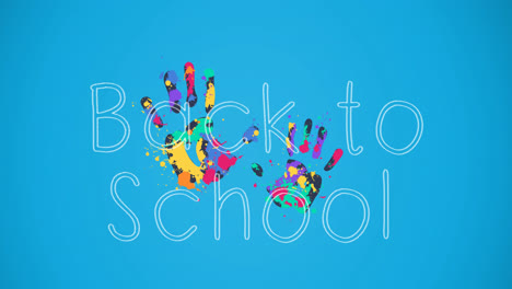Animation-of-back-to-school-text-over-colourful-handprints-on-blue-background