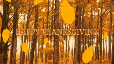 Animation-of-happy-thanksgiving-over-autumn-leaves-and-forest