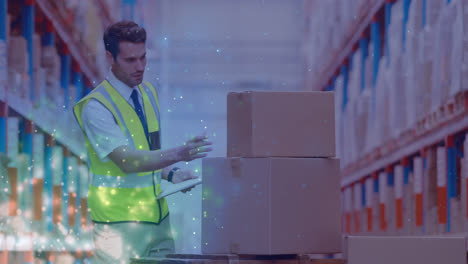 Animation-of-glowing-spots-of-light-over-caucasian-man-with-clipboard-working-in-warehouse,