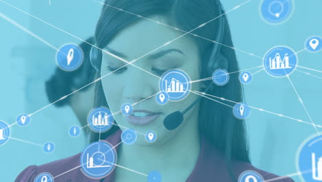 Animation-of-network-of-digital-icons-against-biracial-woman-talking-on-phone-headset-at-office