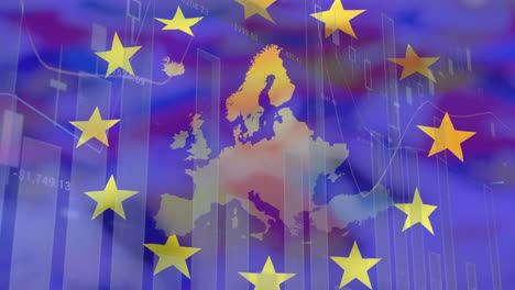 Animation-Von-Rotierenden-Sternen-Und-Statistischer-Datenverarbeitung-über-Einer-EU-Karte-Vor-Den-Flaggen-Der-EU-Länder
