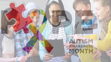 Animation-of-falling-puzzle-pieces,-hope-and-autism-awareness-month,-diverse-children-using-tablet