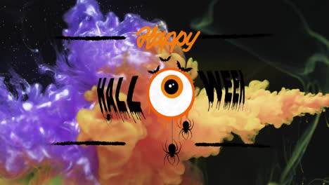 Animation-of-happy-halloween-text-and-spiders-over-orange-and-purple-background