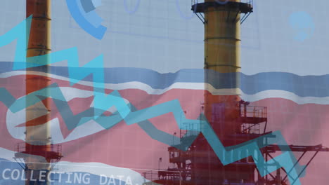 Animation-Der-Blauen-Linien-Zur-Verarbeitung-Finanzieller-Daten,-Fabrik-über-Der-Flagge-Nordkoreas