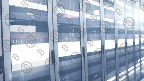 Animation-of-bitcoins-over-white-lines-and-server-room