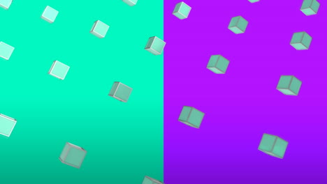 Animation-Von-3D-grünen-Würfeln,-Die-Sich-über-Einen-Grünen-Und-Violetten-Hintergrund-Bewegen