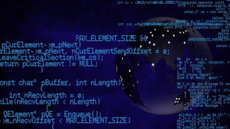 Animation-Eines-Sich-Drehenden-Globus-Und-Datenverarbeitung-Vor-Blauem-Hintergrund
