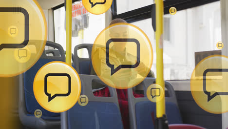 Animation-of-social-media-icons-over-biracial-woman-sitting-in-bus-and-using-smartphone