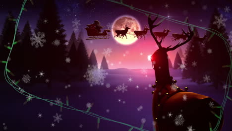 Yellow-string-lights-flashing-over-christmas-winter-scene-with-santa-passing-in-sleigh