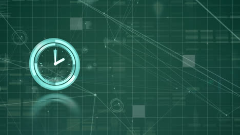 Animation-Einer-Tickenden-Neonuhr-Und-Datenverarbeitung-über-Ein-Gitternetz-Vor-Grünem-Hintergrund