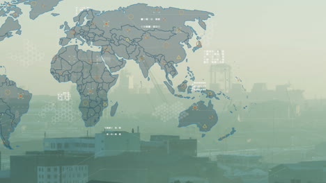 Animation-Der-Weltkarte-Im-Vergleich-Zur-Luftaufnahme-Des-Stadtbildes