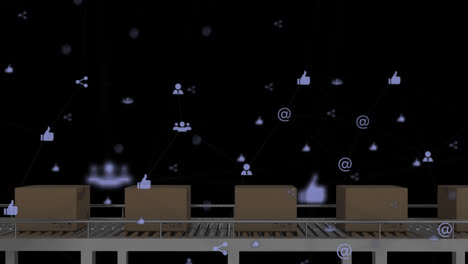 Animation-of-network-of-connections-with-icons-over-cardboard-boxes-on-conveyor-belt