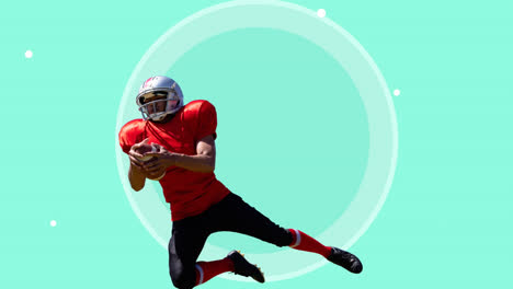 Animation-of-caucasian-male-american-footbal-player-over-white-circle-on-blue-background