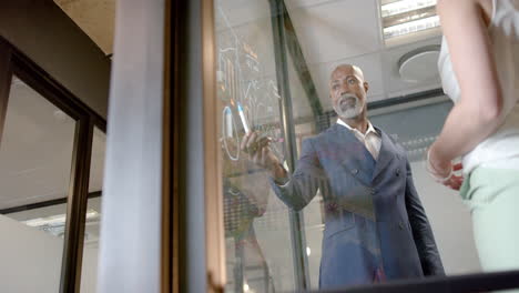 African-american-businessman-writing-on-glass-wall-in-office-with-copy-space