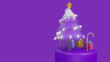Animation-of-bell,-sticks,-gift-boxes-with-lights-and-star-on-tree-against-purple-background
