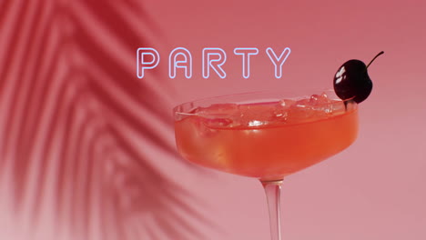 Animation-of-party-neon-text-and-cocktail-on-pink-background
