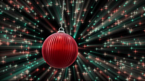 Animation-of-christmas-red-bauble-with-fairy-lights-on-black-background