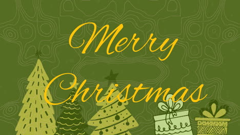 Animation-of-merry-christmas-text-with-trees-and-gift-boxes-over-abstract-pattern
