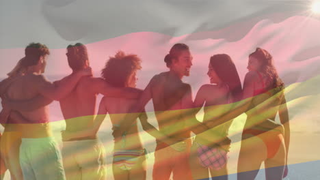 Animation-Der-Deutschen-Flagge-über-Verschiedenen-Freunden,-Die-Am-Strand-Eine-Menschenkette-Bilden