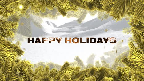 Animation-of-happy-holidays-text-over-branches-in-winter-scenery-background