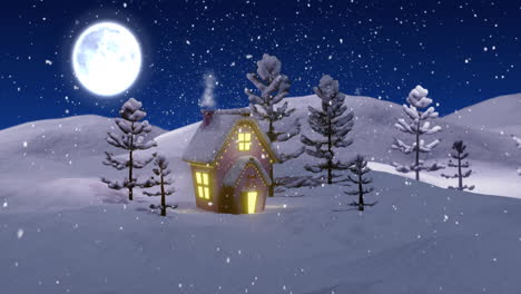 Animation-Einer-Winterlandschaft-Mit-Haus-über-Schneebedecktem-Hintergrund