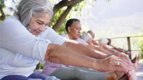 Happy-diverse-senior-yoga-group-sitting-touching-toes-in-sunny-nature,-slow-motion