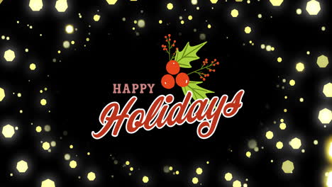 Animation-of-lens-flares-around-cherries,-leaves,-happy-holiday-text-over-black-background