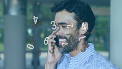 Animation-of-changing-numbers-over-caucasian-man-making-call-using-smartphone