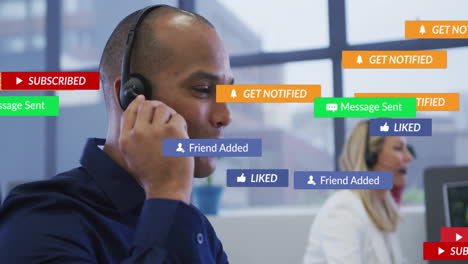 Animation-of-notification-icons-over-diverse-call-center-agents-talking-over-headsets-in-office