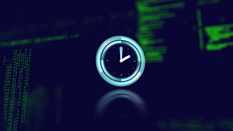 Animation-of-digital-clock-and-computer-language-over-black-background