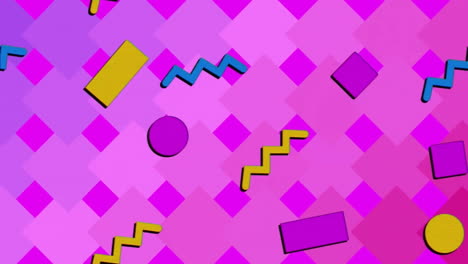 Animation-Von-Kreisen,-Rechtecken,-Quadraten,-Zickzack-Muster-über-3D-Würfeln-Vor-Violettem-Hintergrund