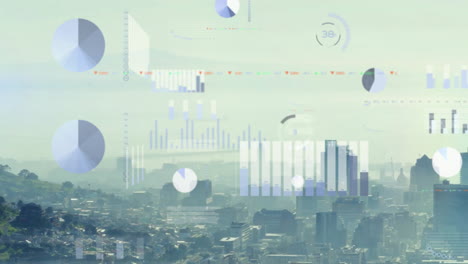 Animation-of-graphs,-loading-circles-and-trading-board-over-modern-cityscape-against-sky