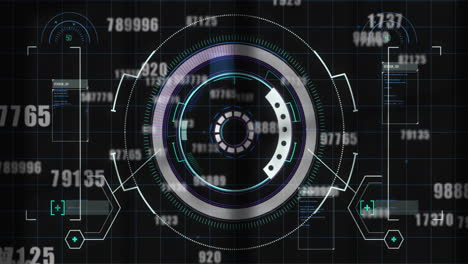 Animation-of-loading-circles,-computer-language-over-falling-changing-numbers-on-black-background