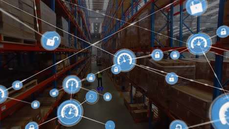 Animation-of-connected-icons-over-african-american-worker-using-hoverboard-in-warehouse
