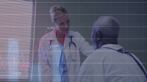 Animation-of-multiple-graphs-with-changing-numbers,-diverse-female-doctor-talking-with-patient