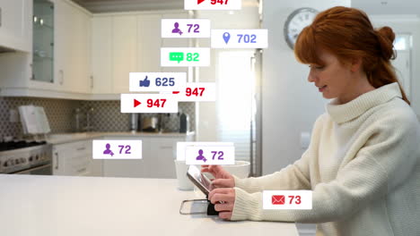 Animation-of-multiple-notification-bars-over-caucasian-woman-scrolling-on-digital-tablet-at-home