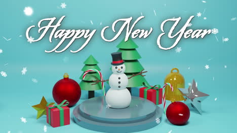 Animation-of-happy-new-year-text-over-snowman-and-christmas-decorations-on-blue-background