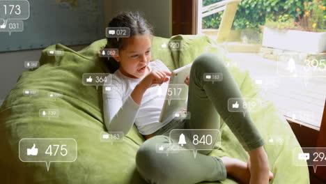 Animation-of-changing-numbers,-icons-in-notification-bars,-caucasian-girl-using-digital-tablet