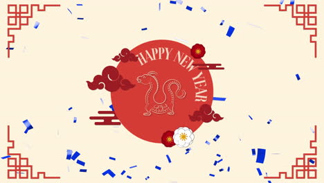 Animation-of-happy-new-year-text,-dragon-symbol-and-chinese-pattern-on-yellow-background