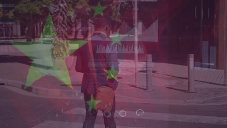 Animation-of-graphs,-loading-bars,-china-flag,-biracial-man-using-smartphone-while-crossing-street