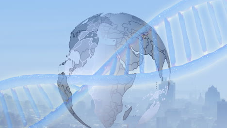 Animation-Eines-DNA-Strangs-über-Globus-Und-Stadtbild