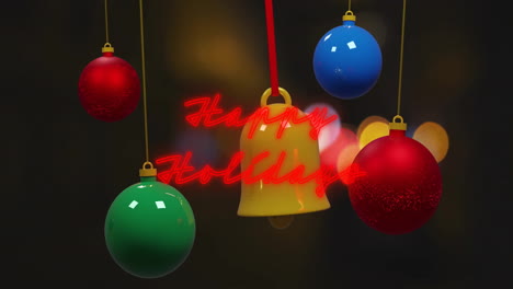 Animation-of-happy-holidays-text-with-colorful-baubles-and-bell-hanging-over-lens-flare
