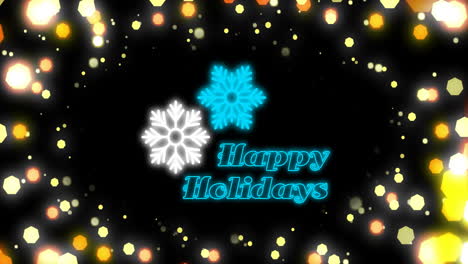Animation-of-lens-flares-around-snowflakes-and-happy-holiday-text-over-black-background