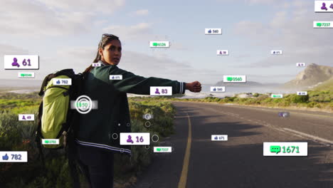 Animation-of-multiple-notification-bars-over-biracial-woman-raising-stop-to-take-lift-at-highway