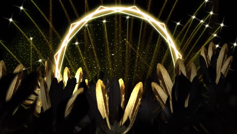 Animation-Von-Goldenen-Blättern-Und-Mustern-Und-Feuerwerk-Auf-Schwarzem-Hintergrund