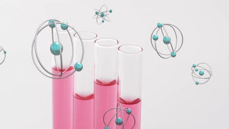 Animation-of-atoms-over-laboratory-test-tube-dishes-on-white-background