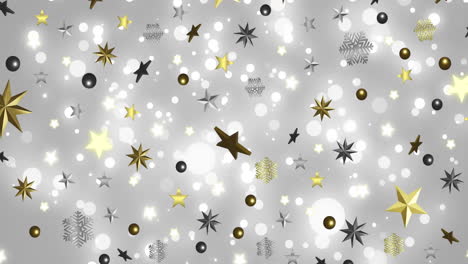 Animation-of-stars-over-snow-falling-on-grey-background